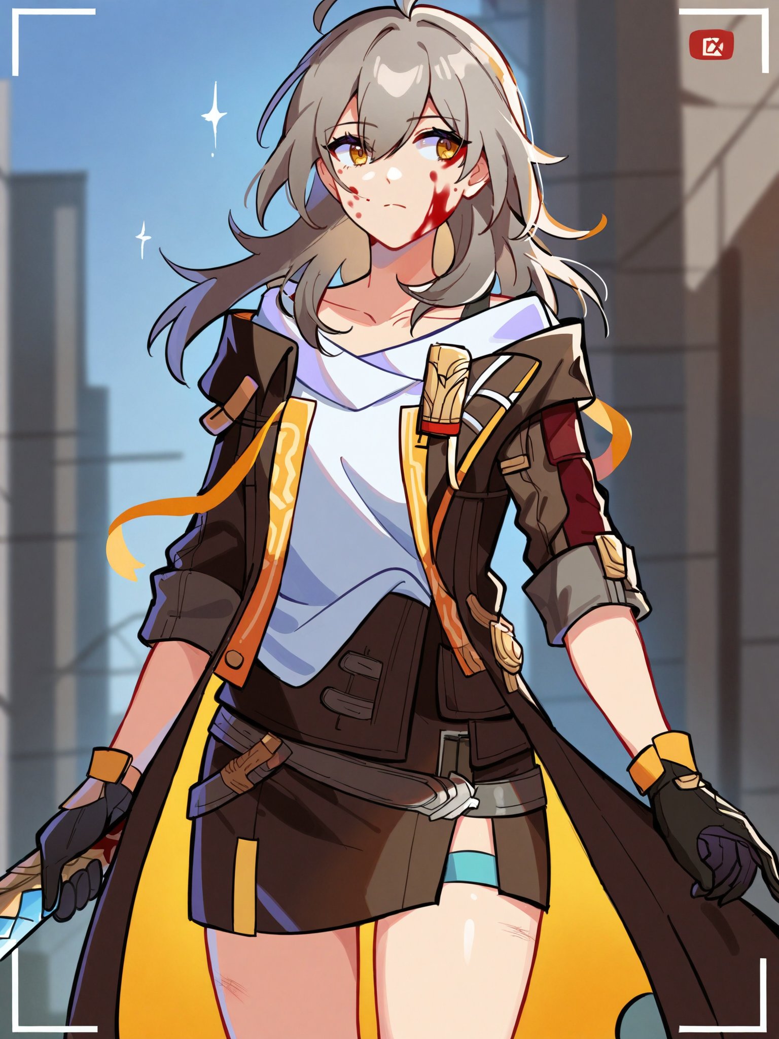 <lora:XL_Stelle(pony):1>,stelle,1girl,long gray hair,yellow eyes,xing costume,1girl, solo, holding sword, blood on face, blurry background, cowboy shot, outdoors, open clothes, belt, thigh strap, sparkle, closed mouth, collarbone, viewfinder, ahoge, scar, looking to the side, injury, score_9,score_8_up,score_7_up, source_anime,