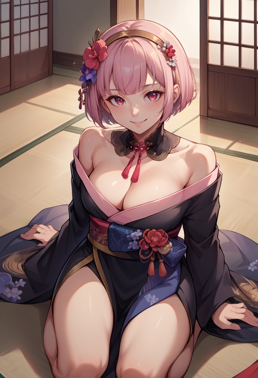 score_9, score_8_up, source_anime, 1girl, solo, MoriNewYears, hair flower, hair ornament, short hair, detached collar, black kimono, bare shoulders, sash, seiza, kneeling, on floor, indoors, cleavage, smile, <lora:CHAR-MoriCalliopePonyXL:1>