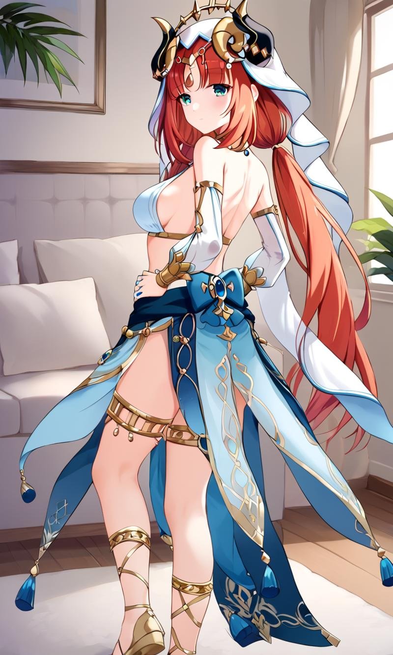 <lora:sdxl-gen-nilou-pony:0.8> gen-nilou, GenshinImpact, 1girl ,aqua eyes, eyeliner, orangered hair, shiny hair, horns, long hair, low twintails, parted bangs, sidelocks, medium breasts, blue nails, circlet, thighlet , neck ring +++ see-through veil, blue gemstone, white headwear, brooch, lightblue harem outfit, puffy long sleeves, bare shoulders, detached sleeves, gold trim, blue skirt, gladiator sandals +++ kind smile, +++ Hands on hips, toward the buttocks, looking back, portrait, cinematic lighting, living room, sofa, Dining table, chairs, carpet, fireplace, ornamental foliage