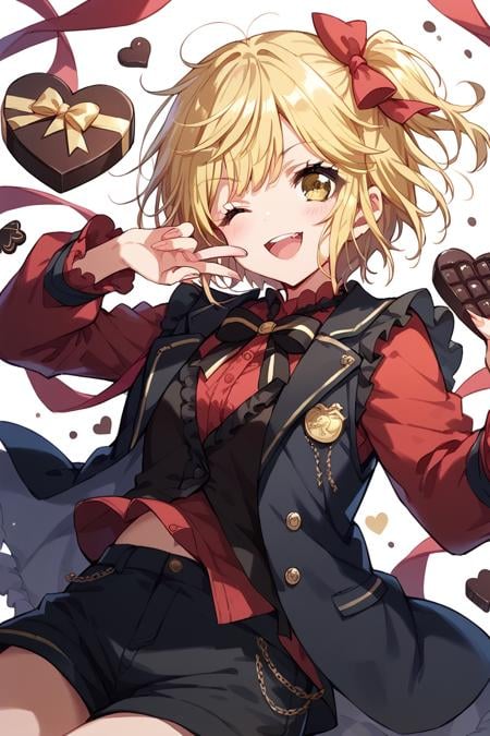 score_9, score_8_up, score_7_up, score_6_up, 1girl, <lora:Tsukimiyama_Nagisa:0.9> nagisa, blonde hair, yellow eyes, frilly red shirt, one medal, black vest, wink, black shorts, ribbons, chocolates,