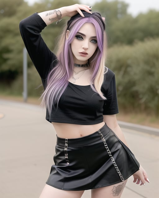 solo,random girl,random makeup,random top,random skirt or pants,random hair color,random breast size,random style either emo punk or goth styles,very form fitting clothing,open clothes, perfect features, perfect limbs