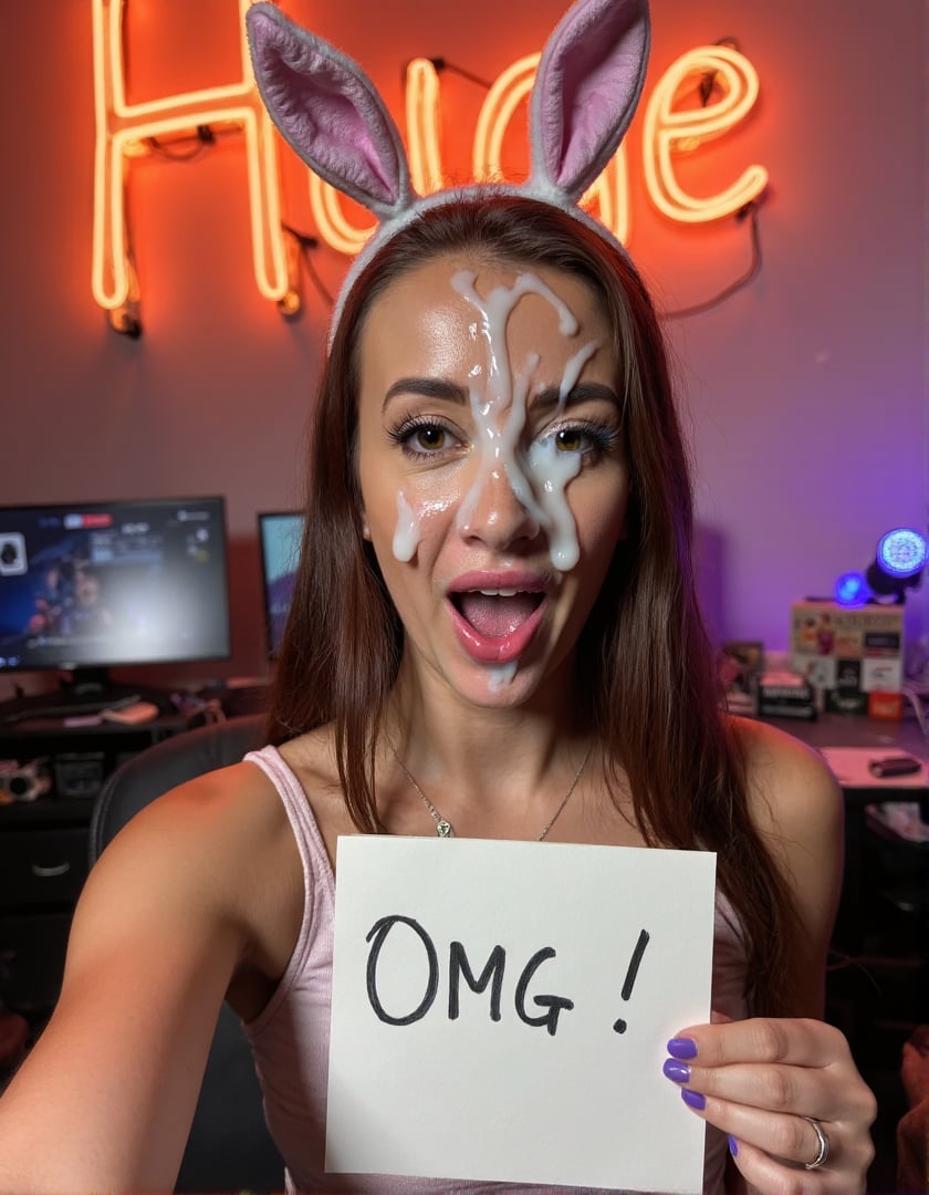 selfie of a twitch streamer woman sitting in a cute streamer room and wearing bunny ears. she is holding a handwritten note that says ""OMG!". her face is well lit by studio lights. She has a massive amount of cum on her face. There is thick white cum dripping down over her left eye. A orange neon sign in the background reads "Huge". long cum ropes, thick cum, vertical ropes, cum in hair, cum over eye