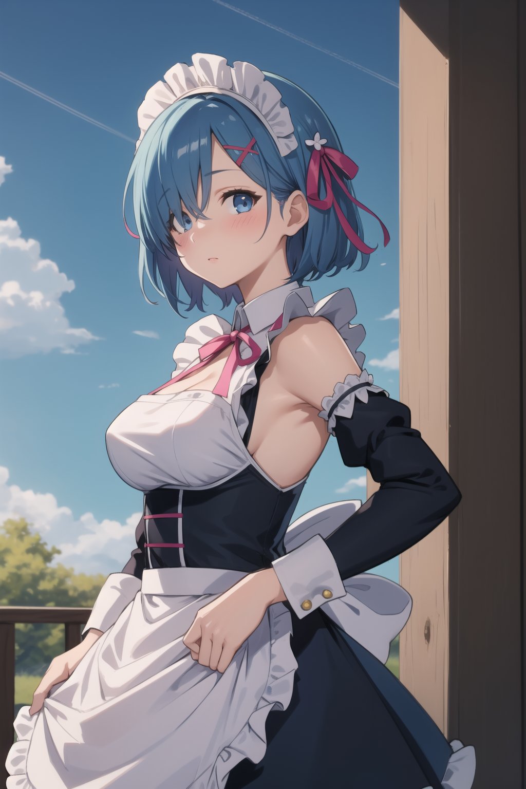 1girl, solo, breasts, looking at viewer, blush, short hair, blue eyes, hair ornament, dress, ribbon, medium breasts, blue hair, hair ribbon, outdoors, detached sleeves, sky, day, hair over one eye, apron, blue sky, maid, maid headdress, x hair ornament, pink ribbon