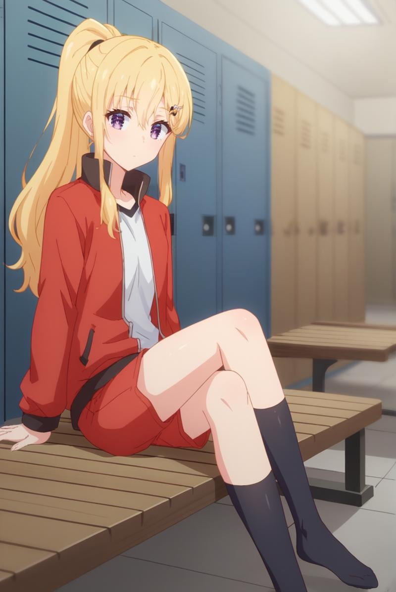 score_9, score_8_up, score_7_up, score_6_up, score_5_up, score_4_up, BREAK source_anime, 1girl, solo,<lora:AyaseSakiXL-v1-07:0.8>, ChopioAyase, long hair, blonde hair, shiny hair, hair between eyes, purple eyes, highly detailed eyes, hair clip, looking at viewer, ponytail,outfit_4, track jacket, red jacket, open jacket, white shirt, red shorts, black socks, kneehighs,locker room, locker, bench, sitting,