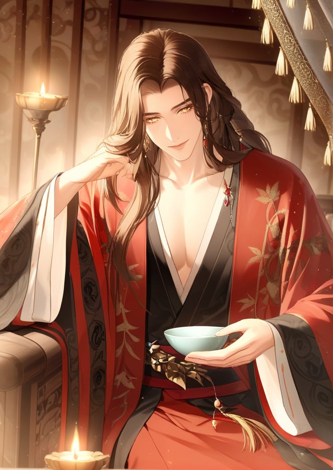 (best quality), ((masterpiece)), (highres), illustration, original, extremely detailed,  <lora:古风·鸢行风上:0.7>1boy, male focus, solo, long hair, yellow eyes, chinese clothes, alcohol, cup, hanfu, candle, bishounen, holding, smile, long sleeves, wide sleeves, braid, sitting, holding cup, jewelry, robe, black hair, looking at viewer, brown hair, earrings