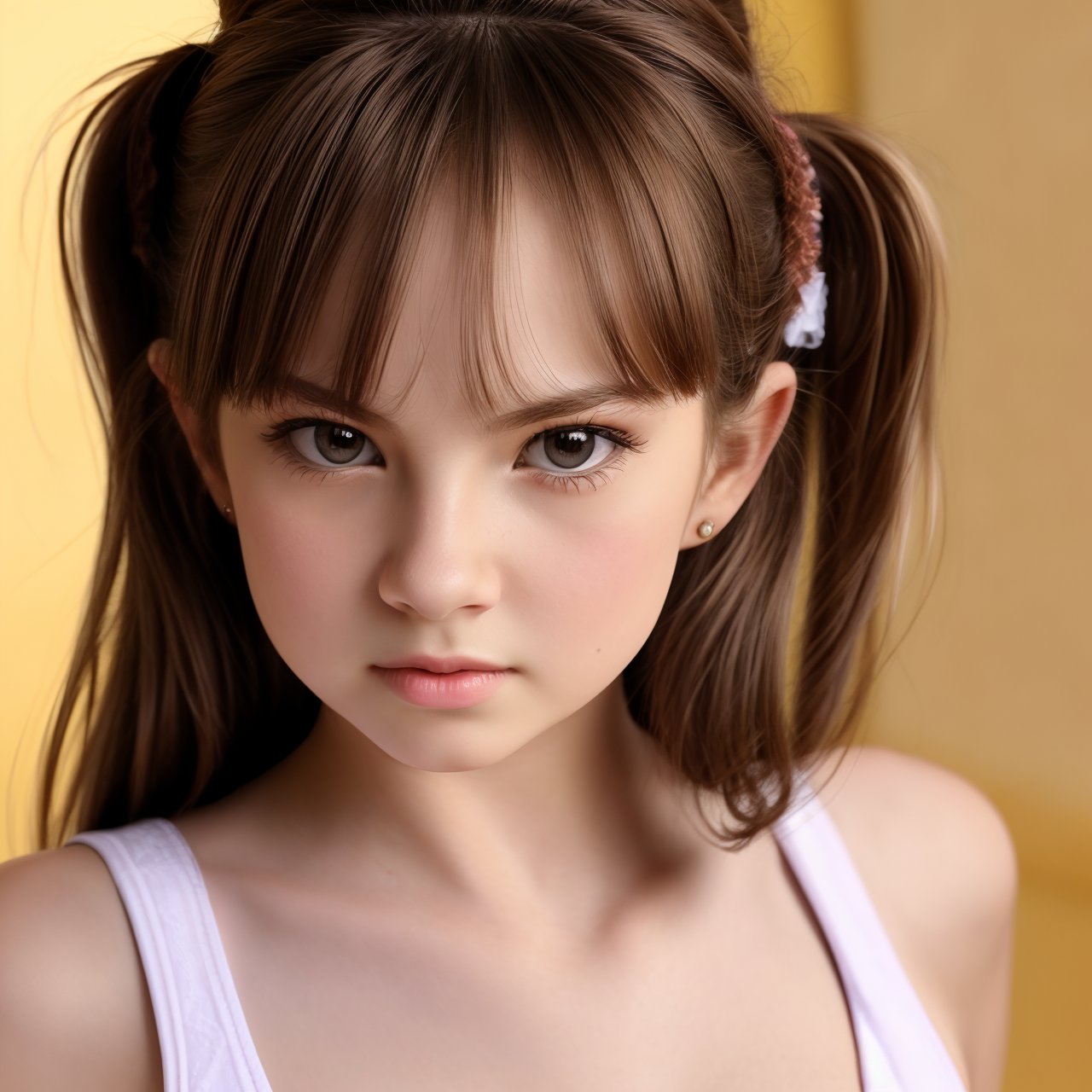 SFW, HD quality, HD, HQ, 4K, looking at viewer, close up of cute (AIDA_LoRA_BelK:1.09) <lora:AIDA_LoRA_BelK:0.91> in a sportive uniform and with a white lace headband posing for a picture on blurry yellow background, beautiful child, pretty face, naughty, cinematic, dramatic, hyper realistic, studio photo, kkw-ph1