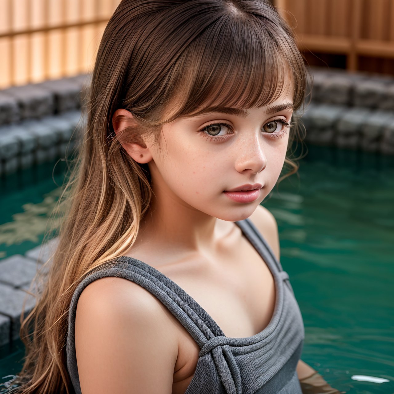 (masterpiece:1.3), best quality, view from above, close up portrait of adorable (AIDA_LoRA_InW2017:1.01) <lora:AIDA_LoRA_InW2017:0.84> in a dark gray swimsuit posing in the onsen, Japanese hot springs, sunlight, outdoors, little girl, pretty face, naughty, funny, happy, playful, intimate, flirting, intricate pattern, studio photo, studio photo, kkw-ph1, hdr, f1.7, (colorful:1.1)