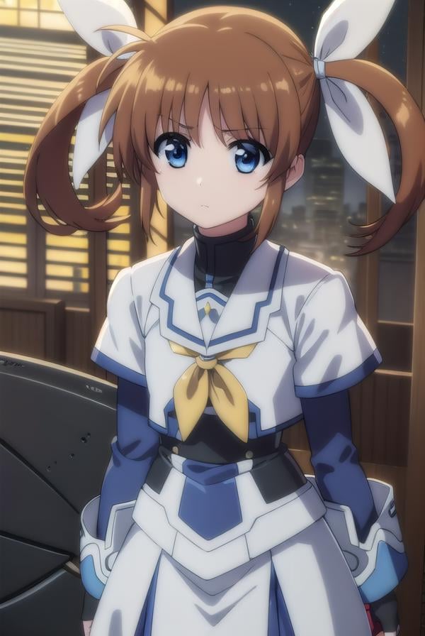 nanohatakamachi, <lora:nanoha takamachi movie2-lora-nochekaiser:1>,nanoha takamachi, takamachi nanoha, brown hair, twintails, blue eyes,BREAK gloves, long sleeves, wings, fingerless gloves, magical girl, winged footwear,BREAK outdoors, city, night, starry sky,BREAK looking at viewer, (cowboy shot:1.5),BREAK <lyco:GoodHands-beta2:1>, (masterpiece:1.2), best quality, high resolution, unity 8k wallpaper, (illustration:0.8), (beautiful detailed eyes:1.6), extremely detailed face, perfect lighting, extremely detailed CG, (perfect hands, perfect anatomy),