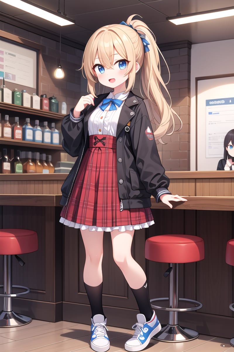 insanely detailed, absurdres, ultra-highres, ultra-detailed, best quality,1girl, solo, nice hands, perfect handsBREAK(lanky,gothic dress,nylon clothes,denim dress,saddle jacket,red tartan-check pleated skirt,frilled legwear,sneakers:1.2)BREAK(nsfw:-1.5)BREAKexpressionless, open mouthBREAK,standing, cowboy shot, looking at viewerBREAKslender, kawaii, perfect symmetrical face, ultra cute girl, ultra cute face, ultra detailed eyes, ultra detailed hair, ultra cute, ultra beautifulBREAKin coffee shop, depth of field, ultra detailed backgroundBREAKmedium breastsBREAKblonde hair, blue eyes, topknot, hair between eyes