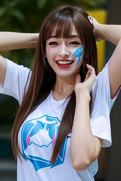 1girl,  solo,  long hair,  looking at viewer,  smile,  open mouth,  bangs,  brown hair,  shirt,  hair ornament,  brown eyes,  upper body,  short sleeves,  teeth,  blunt bangs,  blurry,  arms up,  hands up,  blurry background,  realistic,  nose,  whisker markings,  facepaint,  d.va \(overwatch\)