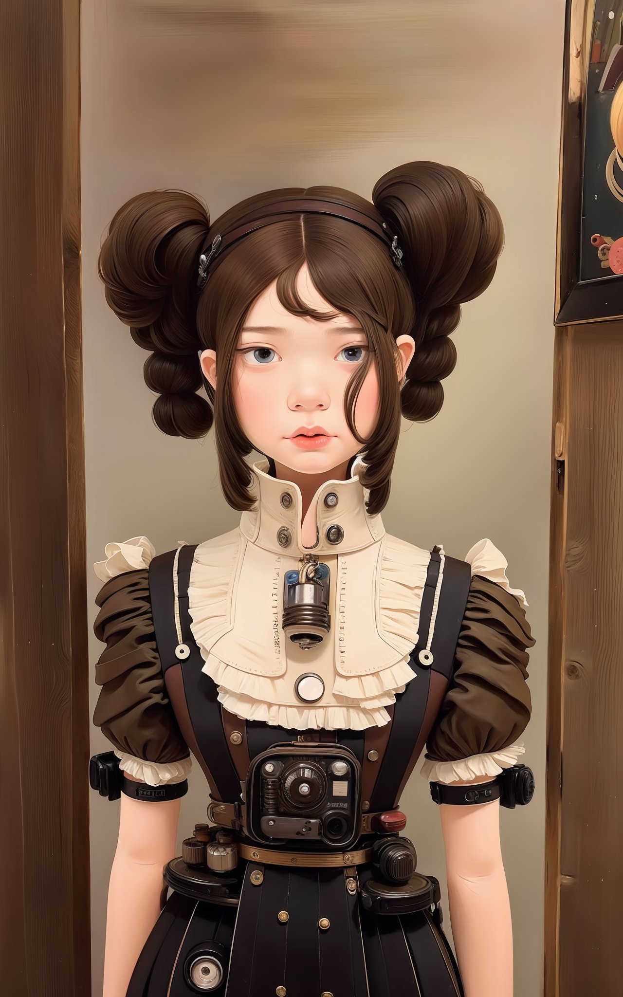 a painting,Tall body,Half-up, half-down twisted bun hairstyle,Vanilla RoseCowl neck top and mini skirt,Steampunk-inspired workshop with gears and gadgets,Futuristic dystopian city viewpoint displaying a digital currency economy,Delicate heart faceFrustrated facial expression,dynamic attitude,