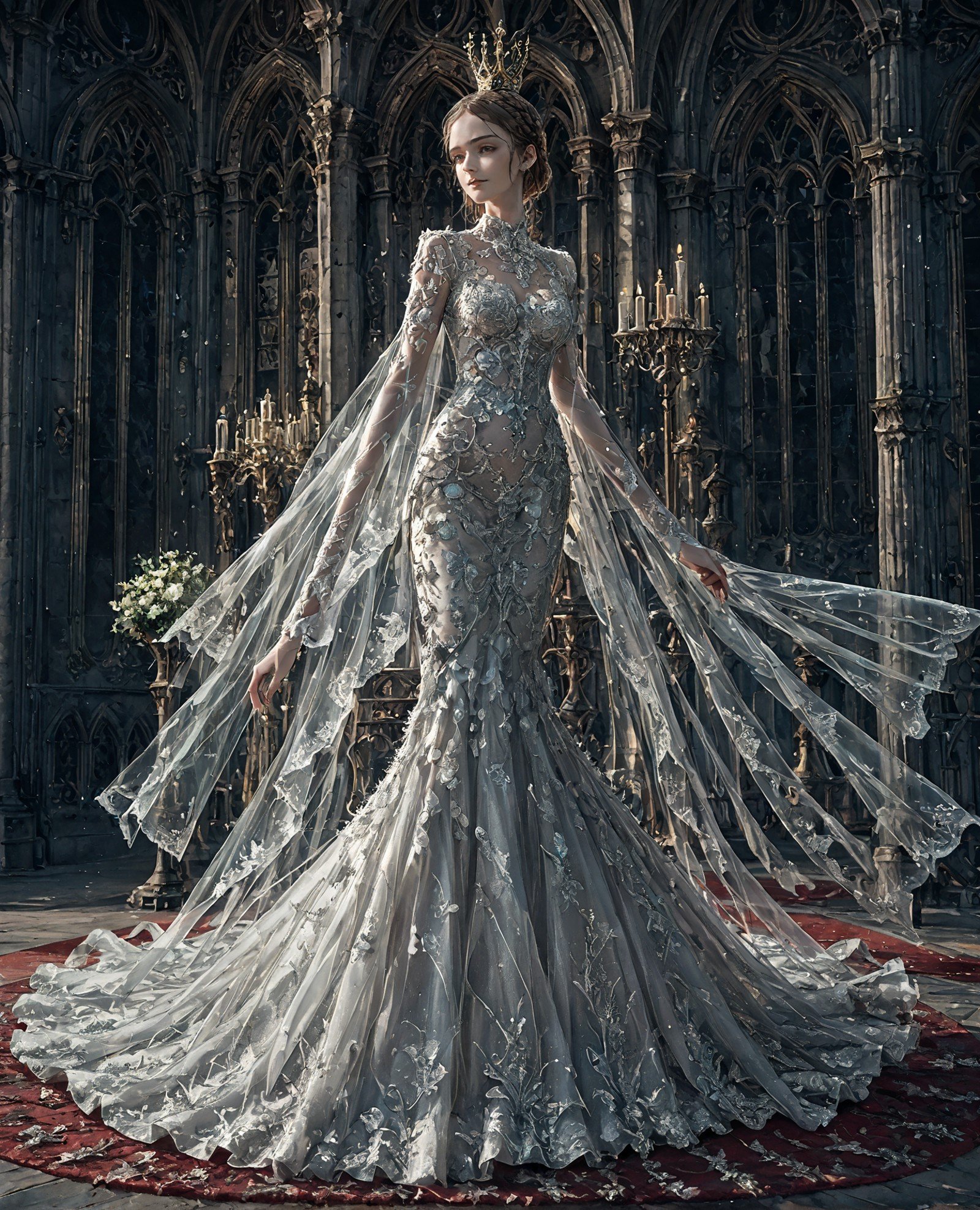 1girl, silver, mermaid-line wedding dress, <lora:WD-XLPony_v003:0.8>, HD, see-through, cathedral, red carpet, romantic, delicate design, persona, crown braid, lace applique, sophisticated, detailed craftsmanship, John William Waterhouse style, score_9, score_8_up, score_7_up , source_anime, masterpiece, best quality, perfect anatomy , very aesthetic , absurdres