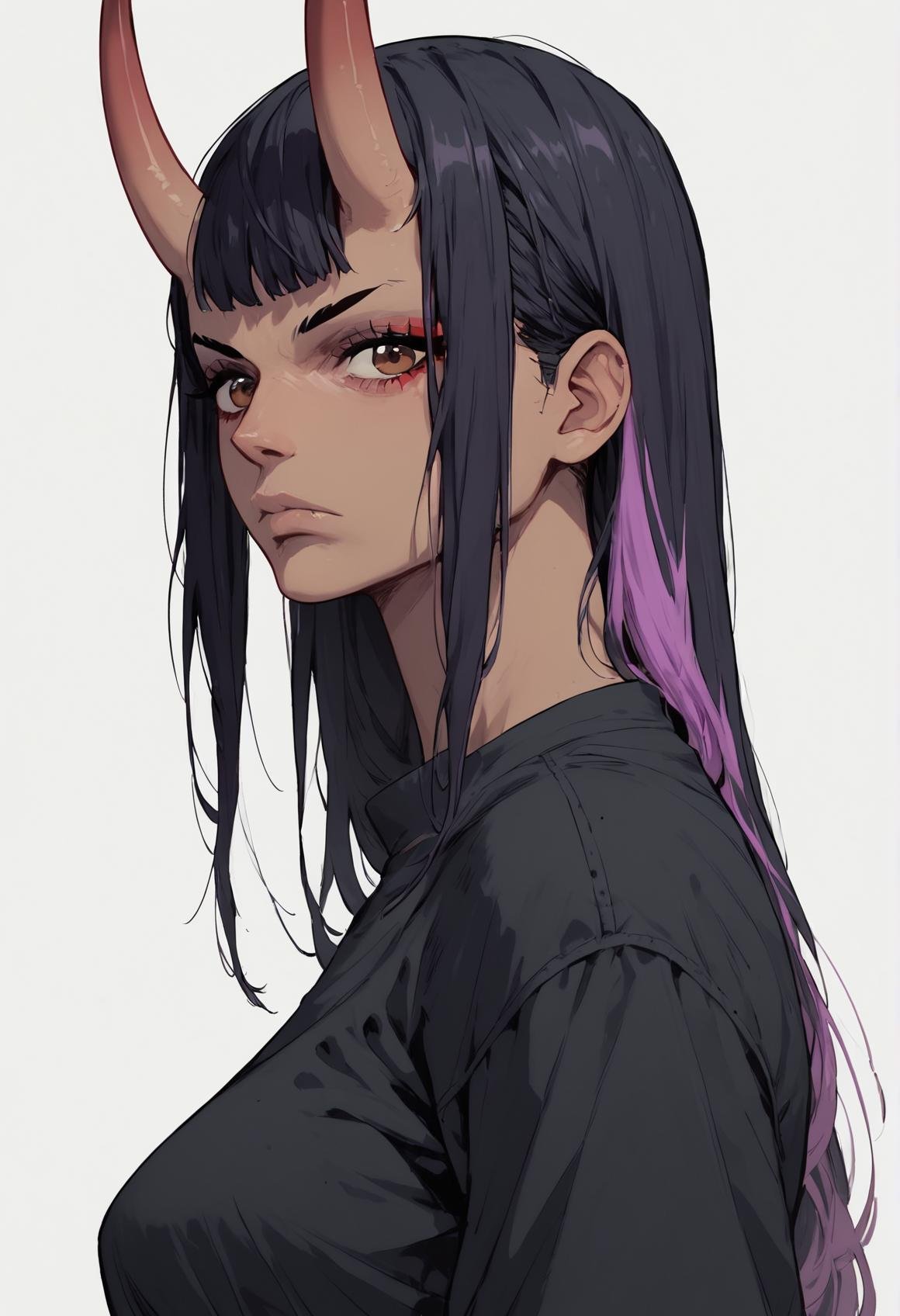 (score_9, score_8_up), score_7_up, zPDXL, (one piece), tan, 1girl, long hair, black hair, purple streak, two-tone hair, brown eyes, medium breasts, (oni, oni horns), upper body, black shirt, looking at viewer, black aura, dark aura, white background, two-tone background, expressionless <lora:Sinozick_Style_XL_Pony:1>, sinozick style, flat color