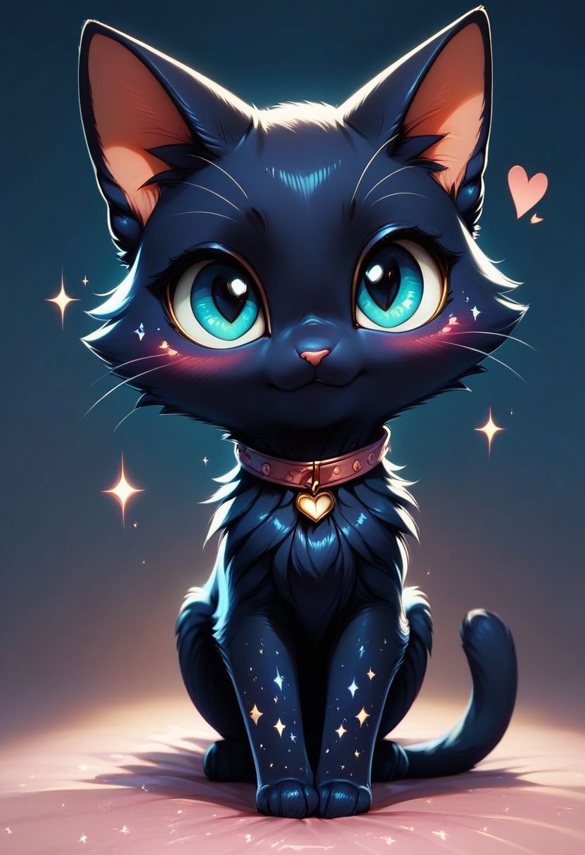 score_9, score_8_up, score_8, cat, black fur, solo, looking at viewer, blush, blue eyes, simple background, heart,  collar, gradient, gradient background, no humans, sparkle, animal, animal focus, full body, moon,  starry sky, 