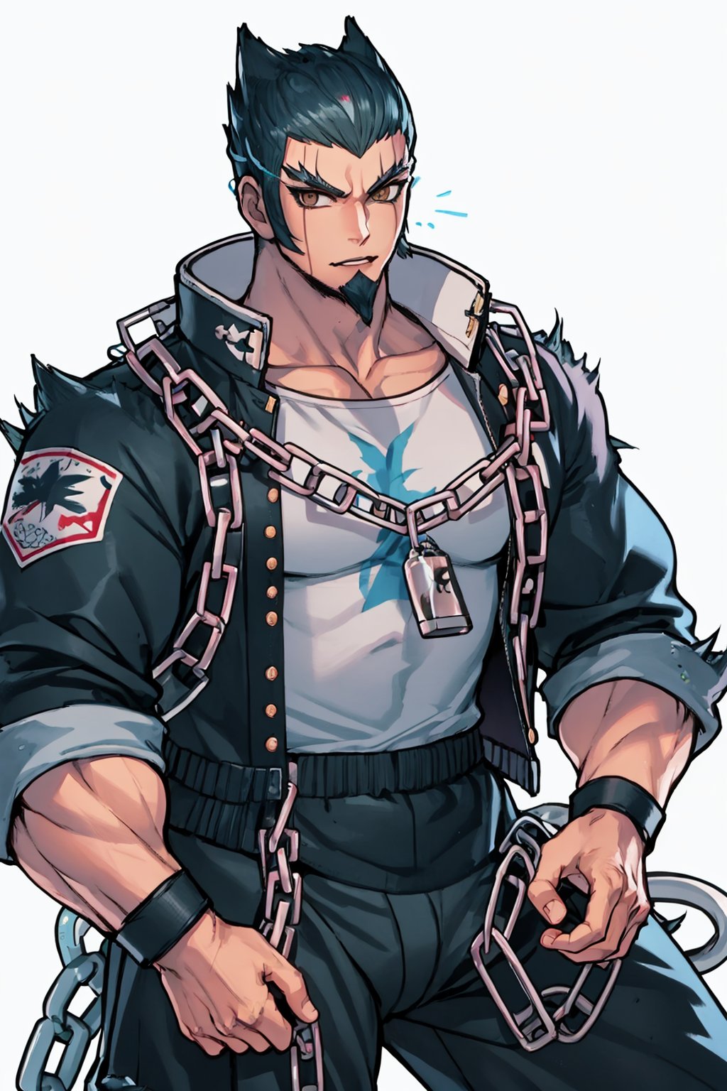 masterpiece,best quality, highly detailed, nidai nekomaru,1boy,solo,chain,goatee,looking at viewer,muscular male,bara,thick thighs,mature male,large pectorals<lora:nidai_nekomaru:1>,simple background,white background