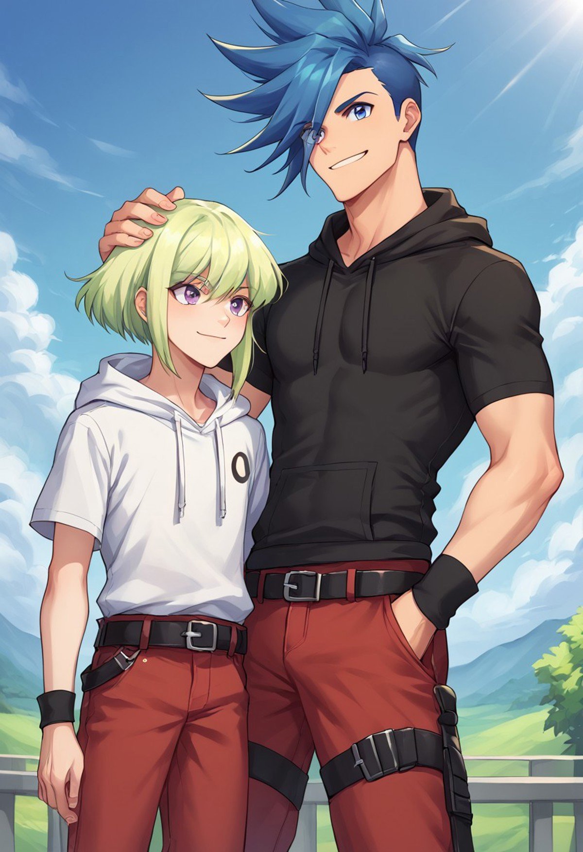 score_9, score_8_up, score_7_up, source_anime, highly detailed, 2boys,galo, 1boy, male focus, spiked hair, blue hair, blue eyes, pants, red pants, belt, black shirt, short sleeves, pectorals, smile, closed mouth, BREAKlio, gloves, male focus, 1boy, purple eyes, green hair, blonde hair, slender, skinny, hoodie, hood, pants, androgynous, smile,  BREAKoutdoors, sky, day, clouds, hand on another's head, height difference, upper body,