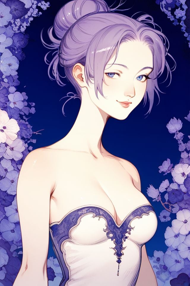 score_7_up, 1girl, smile, arms_behind_back, light_purple hair, hair_between_eyes, heart_hair_bun, light_blue eyes, breasts, beautiful background <lora:Amano_Yoshitaka_PonyXL_style_v01.10.01:1>