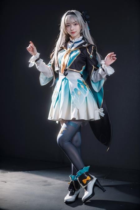 best quality,masterpiece,realistic,photorealistic,1girl,solo,smile,looking at viewer,standing,full body,firefly cosplay costume,cosplay,long hair,white hair,dress,cropped jacket,capelet,shirt,skirt,long sleeves,frilled sleeves,bow,neckerchief,ribbon,fingerless gloves,hairband,hair bow,hair ornament,gradient legwear,gradient pantyhose,ankle boots,high heel boots,simple grey background,<lora:Honkai_StarRail_Firefly_costplay_costume_v1:0.7>,