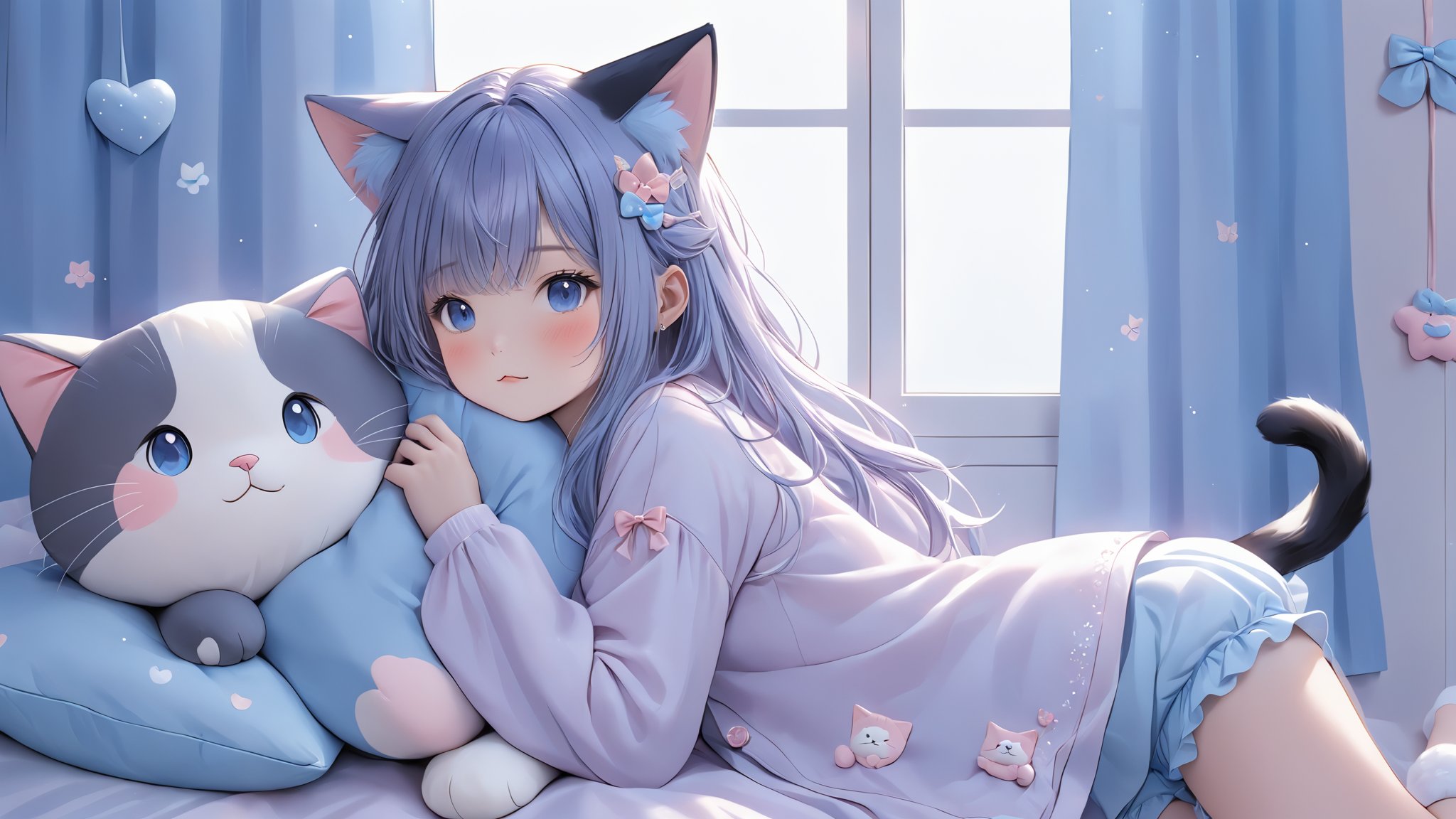 1girl, animal ears, bloomers, blue eyes, blush, cat ears, cat girl, cat tail, curtains, hair ornament, long hair, pillow, sleeves past wrists, stuffed animal, stuffed cat, stuffed toy, tail, underwear