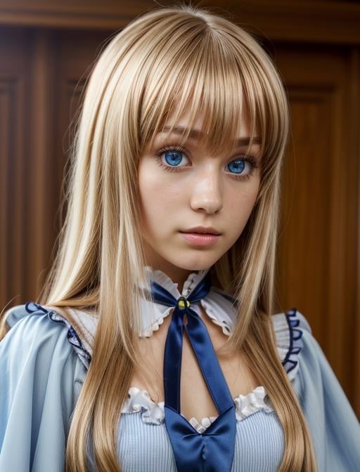 best quality, masterpiece, highres, detailed, realistic, cosplay, <lora:Detail - add_detail:0.2>, PrincessMia20, blue eyes, blonde hair, blunt bangs, blue dress, ribbon, ojou-sama pose,  <lora:Character - PrincessMia20:0.7>, 20 year old european girl,