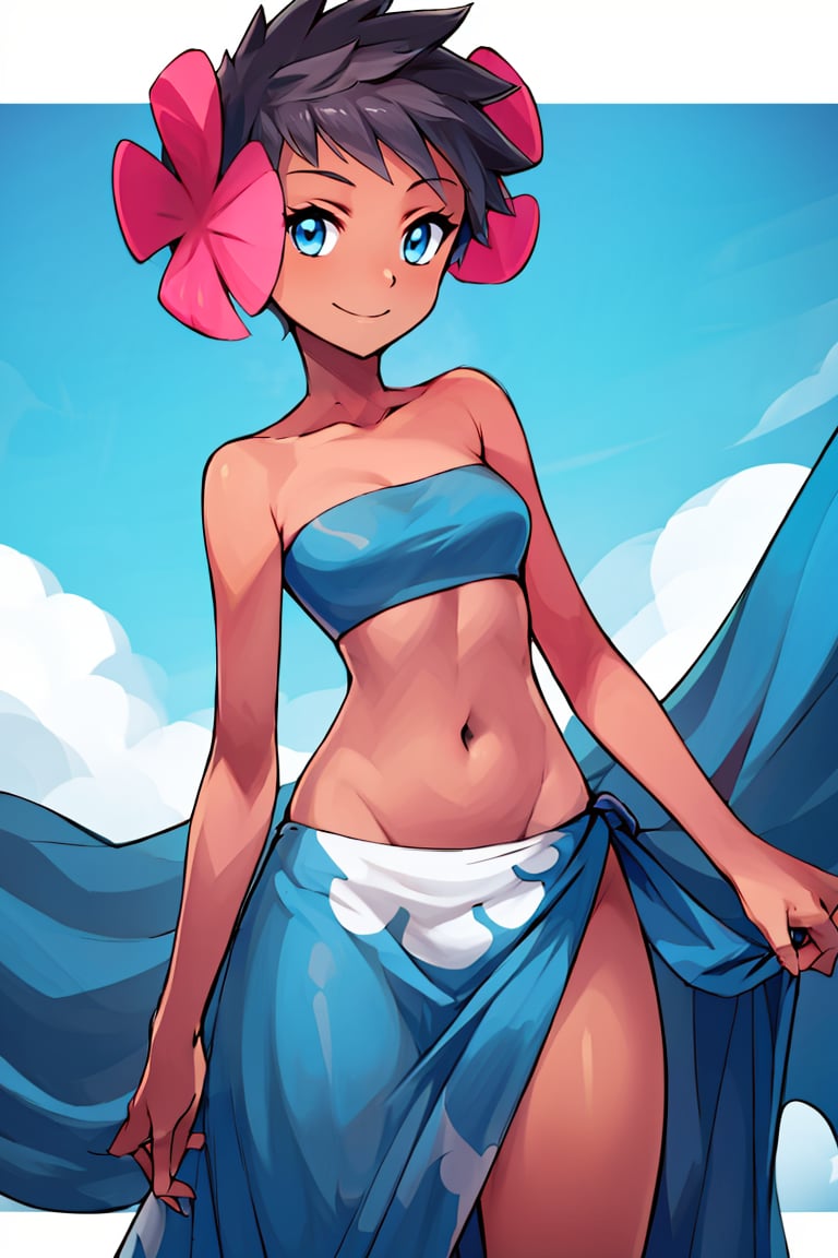 ((masterpiece,best quality)), absurdres, <lora:Phoebe_Pokemon:0.8>, Phoebe_Pokemon,  blue eyes, hair flower, sarong, tube top, dark skin,  solo, smiling, looking at viewer, cowboy shot,