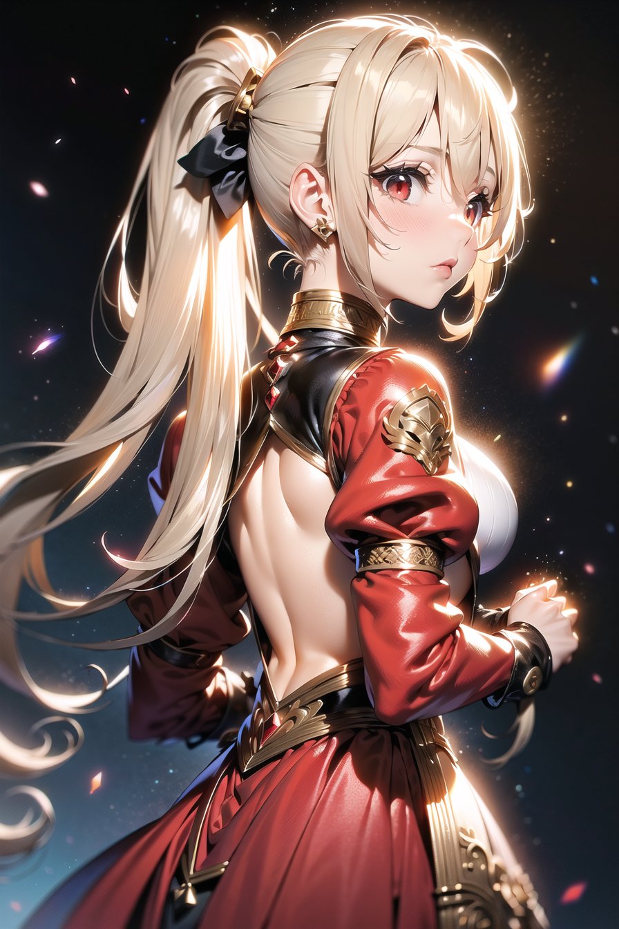 (masterpiece, best quality:1.2), (face focus:1.4), back focus, from behind, blonde hair, long hair, high ponytail, long ponytail, red eyes, long eyelashes, thick eyelashes, looking at viewer, red dress, backless dress, gold trim dress, puffy sleeves, juliet sleeves, long sleeves, red sleeves, (black background:1.2), light particles, blurry, bloom, shiny hair, <lora:Add Detail:0.5>