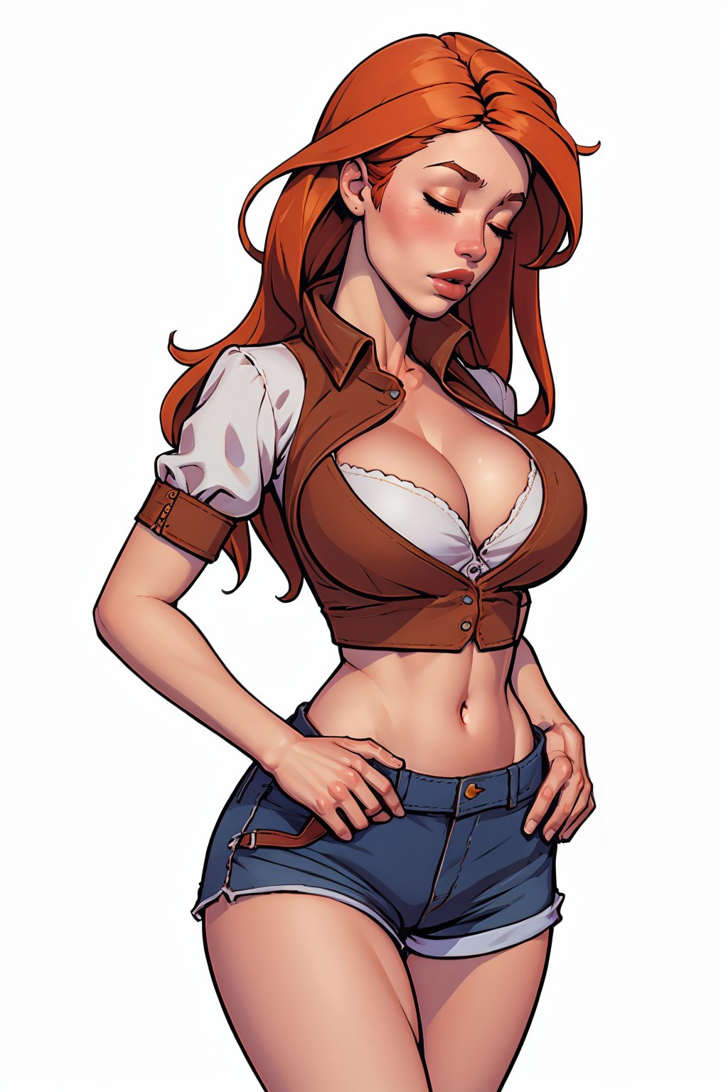 (masterpiece, best quality:1.2),  <lora:warlockandboobs:1>, warlockandboobs, 1girl, shorts, solo, closed eyes, orange hair, long hair, breasts, clothes around waist, white background, midriff, short shorts, simple background, cleavage, lipstick, makeup