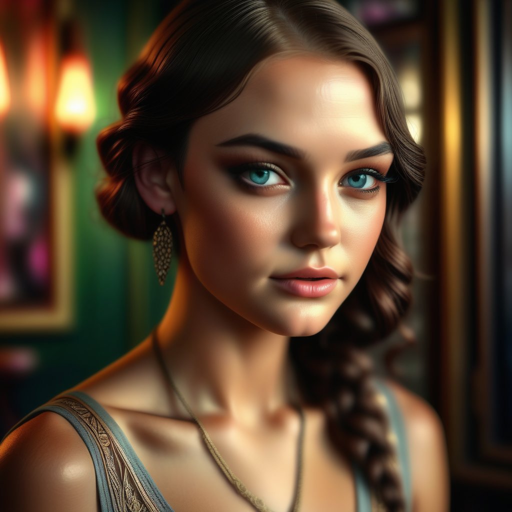 Photo realistic, mute colors, 20s style, flapper girl, art deco. cinematic lighting, smokey atmosphere, ethereal light, intricate details, extremely detailed, incredible details, full colored, complex details, hyper maximalist, gorgeous light and shadow, detailed decoration, detailed lines. masterpiece, best quality, HDR, UHD, unreal engine. looking at the camera, long dark brown hair, coffee skin , beautiful face, beautiful eyes, perfect eyes, beautiful nose, full_body,