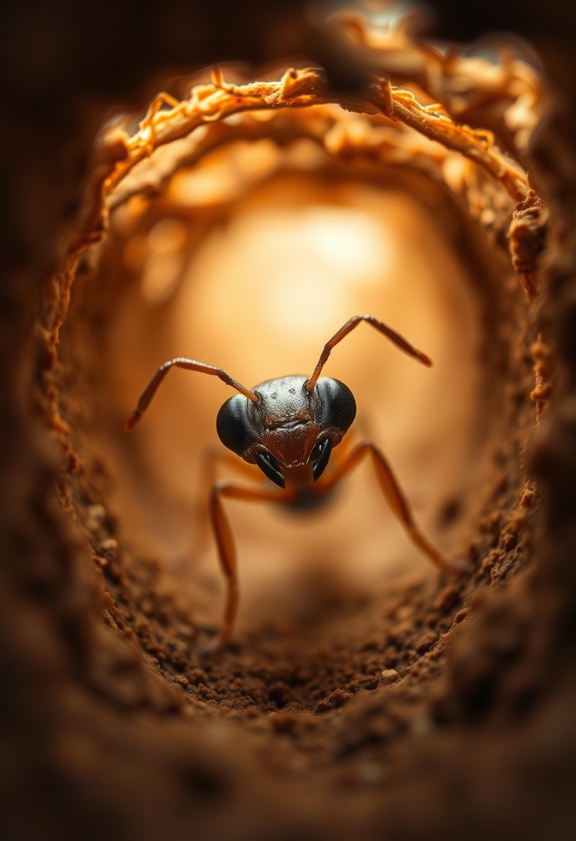 Macro photograph, a close-up view of a ant's POV as it navigates through the intricate tunnels of an ant colony, 8K, UHD, highly detailed, film grain, DSLR, macro lens, 100mm, f/2.8, ISO 400, 1/125s, with a subtle gradient of warm browns and tans, and a slight vignette effect, the ant's body is tiny and fragile, with a subtle sense of movement and energy, as if it is scurrying through the tunnels, and a subtle bokeh effect on the background, with a focus on the ant's compound eyes, which are large and complex, adding to the sense of wonder and curiosity, and the tunnels of the ant colony are narrow and winding, with a subtle sense of texture and roughness, as if they are made of earth and soil, and the light is soft and diffused, with a subtle sense of warmth and coziness, as if the ant is in its natural habitat.