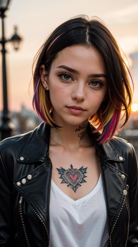 (masterpiece, best quality, highres:1.2), raw portrait photo of Punk Girl, very short multicolored hair, in high detailed textured (black leather jacket), piercing, small tattoo, (most iconic photo), (random background), depth of field, morbid, (London sunset), (light smile:0.3)