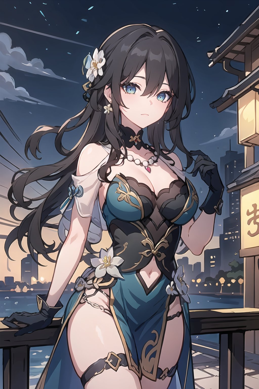 masterpiece,best quality,detialed,ruanmei,ruanmei_official,chinese dress,breasts,long hair,hair between eyes,black hair,bangs,medium breasts,cleavage,hair ornament,thigh strap,white flower,beads,gloves,jewelry,flower,dress,earrings,bare shoulders,blue dress,hair intakes,ruby necklace,black choker,green eyes,blue eyes,<lora:阮梅-0.8-逐辰十七:0.8>,1girl,cityspace,card games,Heart in eye,pov crotch,power lines,sky,