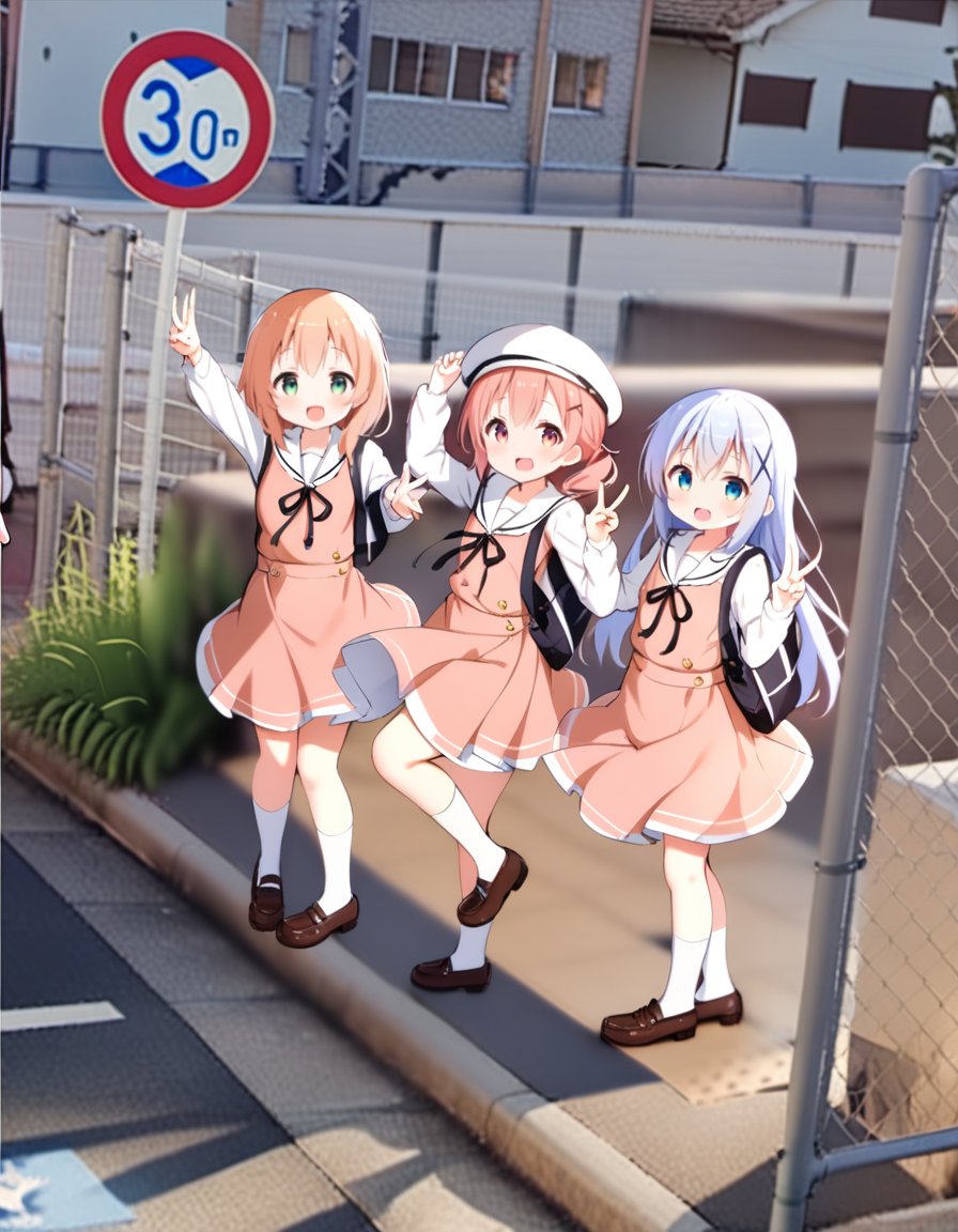 masterpiece, best quality, ultra detailed, highres,4k,(ultra-detailed:1.4) (illustration:0.5), (ray tracing,:0.8),(anime colored:0.7),(ai-generated:0.5),kafuu chino, gochuumon wa usagi desu ka?,hoto cocoa, gochuumon wa usagi desu ka?,kirima syaro, gochuumon wa usagi desu ka?,smile,school uniform, <lora:googlecarmemeXL1:1>,googlecarmeme,multiple girls, 3girls,outdoors,sign,road, road sign,city, v,standing on one leg,arm up,