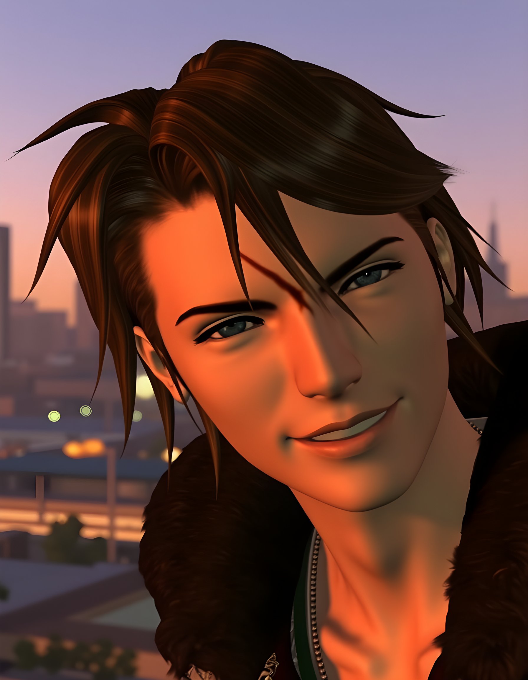 ff8_style, In a Final Fantasy VIII-inspired scene, a ruggedly handsome man with a scar running down his left cheek, his brown hair slightly disheveled and tousled by the wind, smiles warmly at the camera. The background is a twilight cityscape of Zanarkand, with the iconic Gyro Stadium looming in the distance, illuminated by the soft, golden glow of setting sun. The camera angle is low and slightly angled to emphasize his chiseled jawline and piercing blue eyes. The image is bathed in a warm, sepia-toned light, creating an emotional tone of nostalgia and hopefulness, as if capturing a moment frozen in time from the heart of a cherished memory.