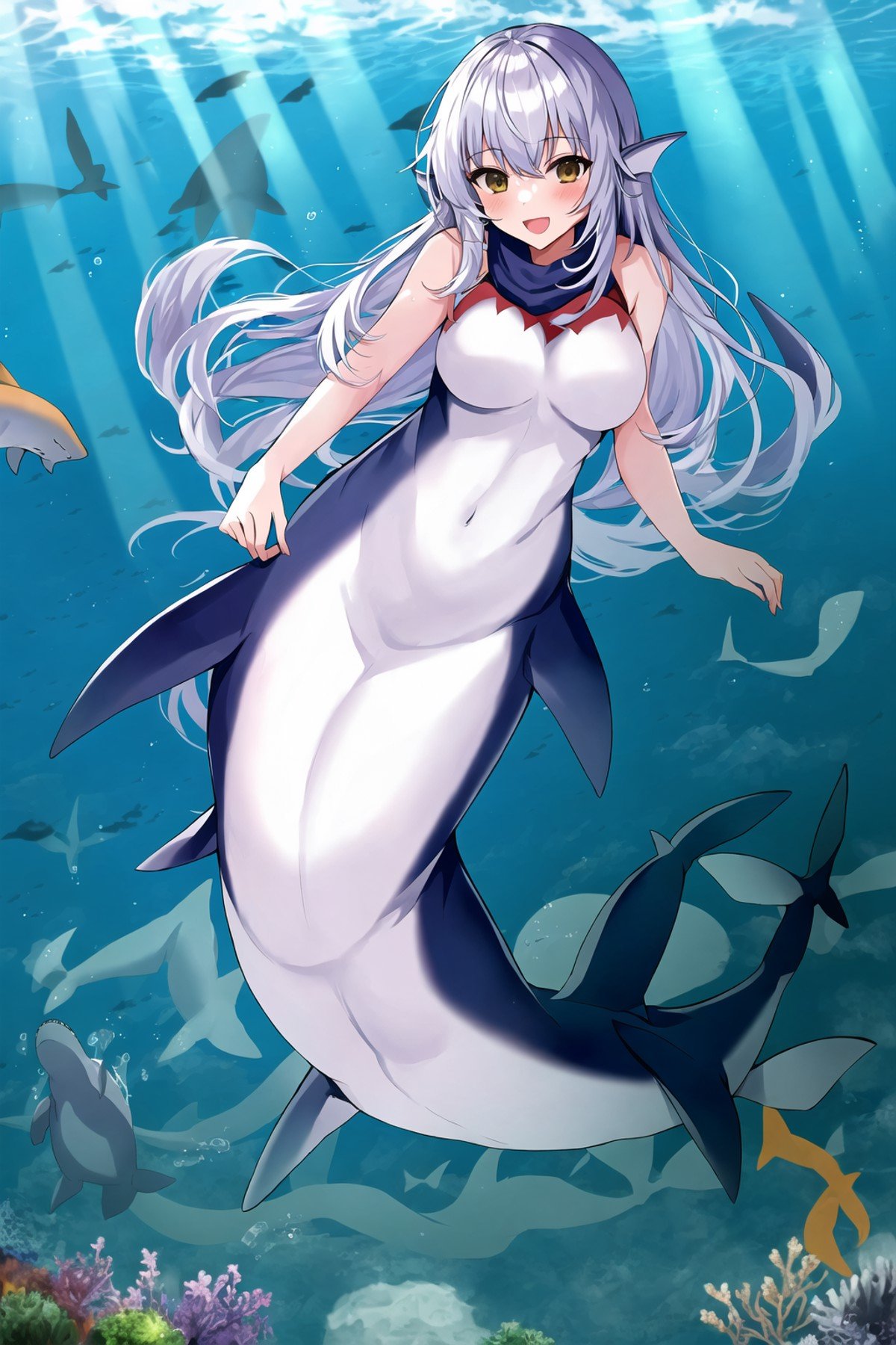 1girl,  shark girl, mershark, mermaid, fins, full body, smile,, masterpiece, best quality, masterpiece,