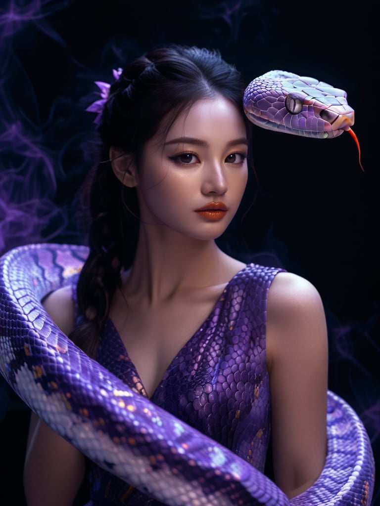 (a glowing snake:1.5), a girl wearing a purple dress, ((lighting)), fantasy, black background, high detail, cinematic <lora:Glowing Snake:0.85>