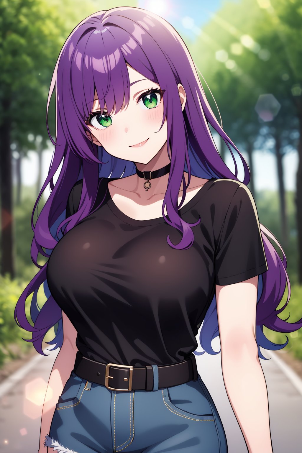 (masterpiece), best quality, expressive eyes, perfect face, 1girl, solo,long hair, wavy hair, purple hair, green eyes, large breasts, black t-shirt, choker, head tilt, smile, denim shorts, belt, portrait, forest, cloudy sky, lens flare, blurry background, 