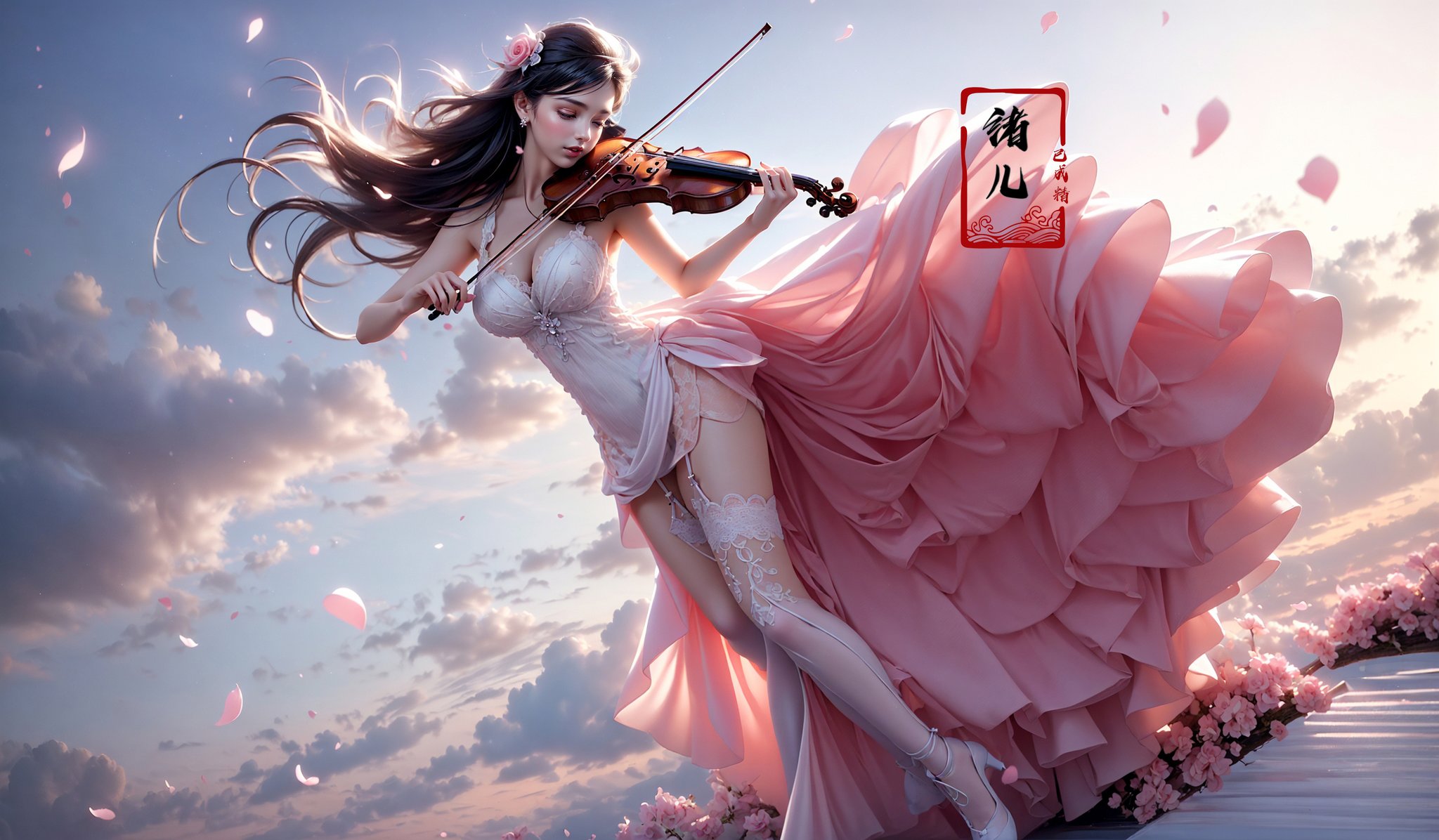 (A girl in a dress is in the air:1.4), playing a violin, (wide shot, wide-angle lens,Panoramic:1.2),super vista, super wide Angle，Low Angle shooting, super wide lens,violin，bare shoulders，petals，(pink dress:1.2)，from below，blurry foreground，(full body:1.5), (white  silk stockings:1.3)，<lora:绪儿-小提琴 violin:0.8>