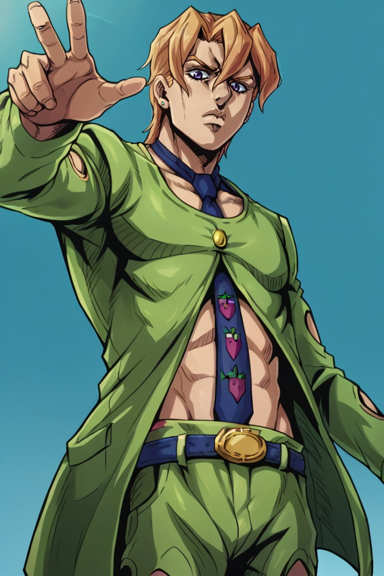 1boy, fugo, score_9_up, score_8_up, cowboy shot, solo, male focus, fugojacket, stud earrings, blue necktie, belt, purple eyes, standing, simple background, frown, closed mouth, pointing, low angle, detailed, realistic<lora:EMS-323420-EMS:0.500000>, <lora:EMS-352624-EMS:0.900000>