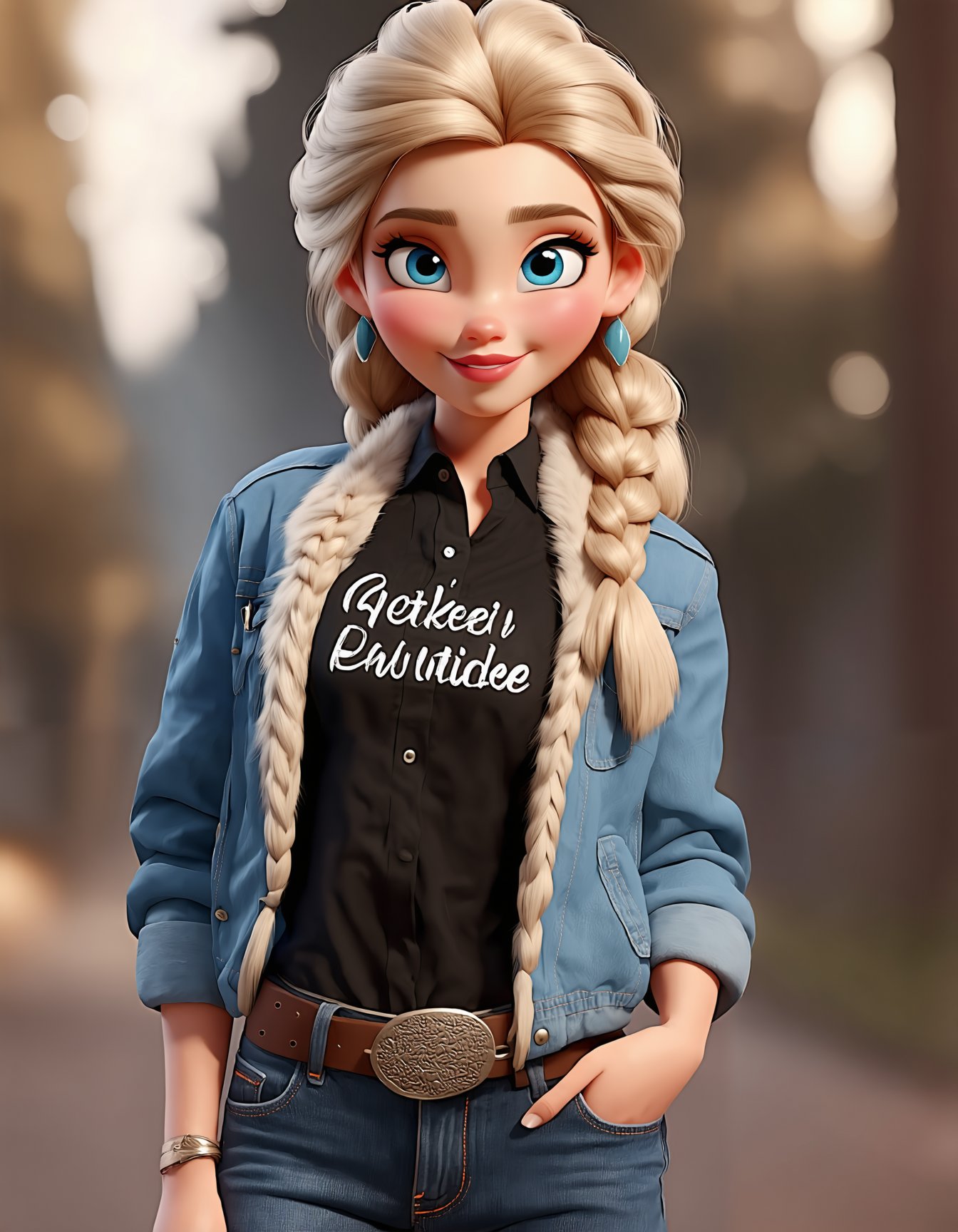 3D cartoon, cartoon style, 3D render, 1girl, long hair, looking at viewer, smile, blue eyes, shirt, blonde hair, jacket, braid, cowboy shot, pants, artist name, blurry, black shirt, fur trim, lips, single braid, blurry background, makeup, denim, casual, hair over shoulder, clothes writing, pocket, jeans, shirt tucked in, high-waist pants, denim jacket, elsa (frozen), SD3_cartoon_ep10.safetensors