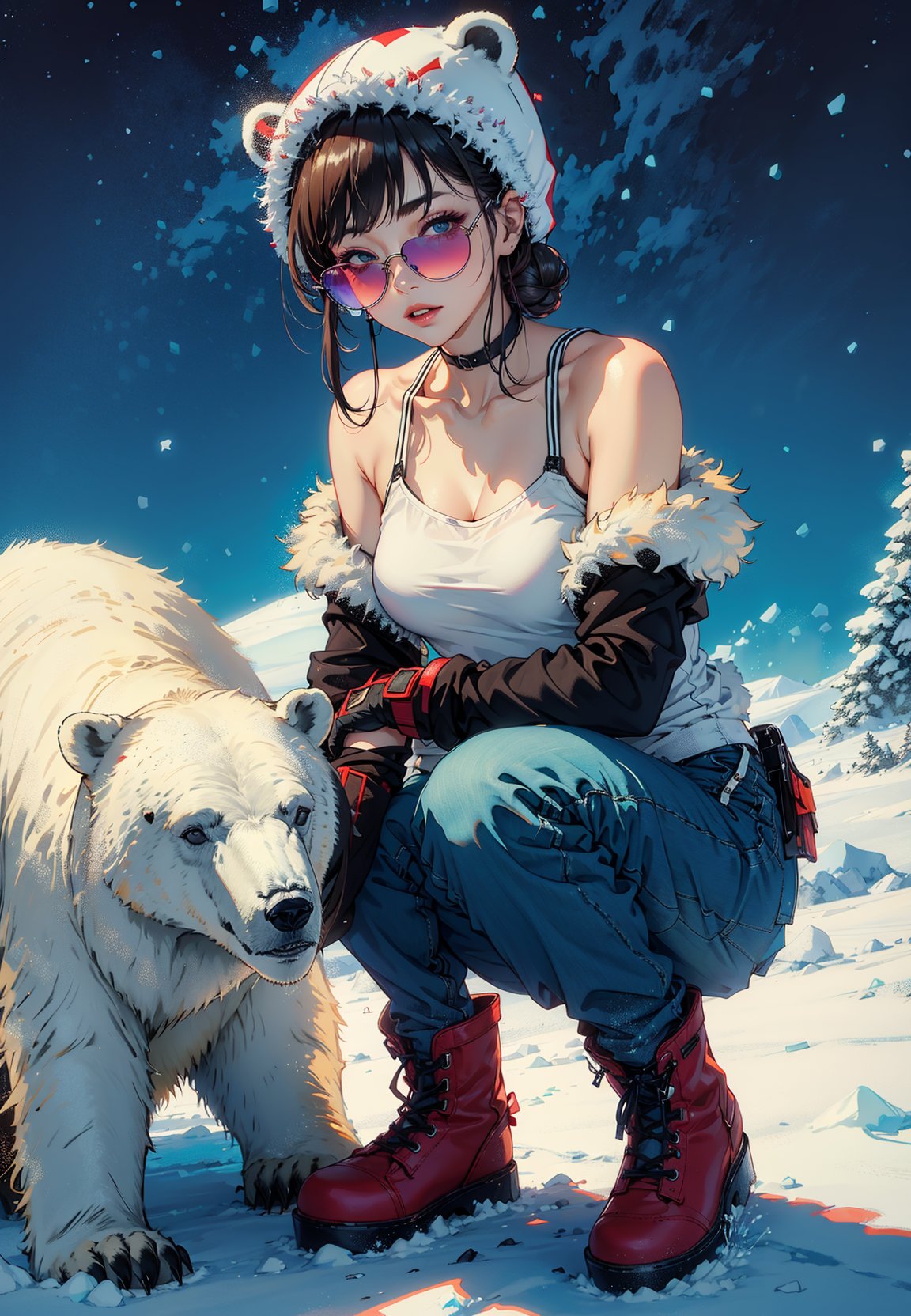 absurdres, highres, ultra detailed, beautiful, masterpiece, best quality, (1girl:1.2), BREAK,gradient hair, hair bun, distressed jeans, off-the-shoulder top, espadrilles, Snowy Arctic landscapes, ice-covered seas, (polar bears:1.3), glaciers, midnight sun, Northern Lights,BREAK Insulated clothing, waterproof boots, gloves, hat, sunglasses, thermal layers,
