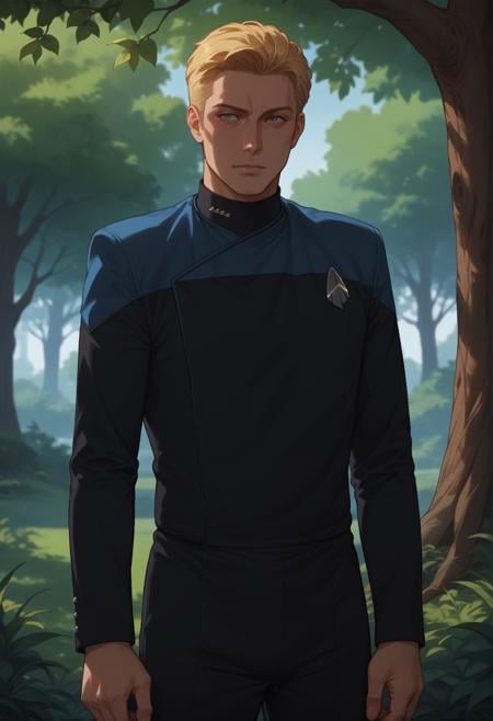 core_9, score_8_up, score_7_up, score_6_up,1boy,inspecting a tree,gold hair,outdoors,pcdst,Star trek uniform,blue,blue shoulders,black jumpsuit,<lora:PicardPony-000050>