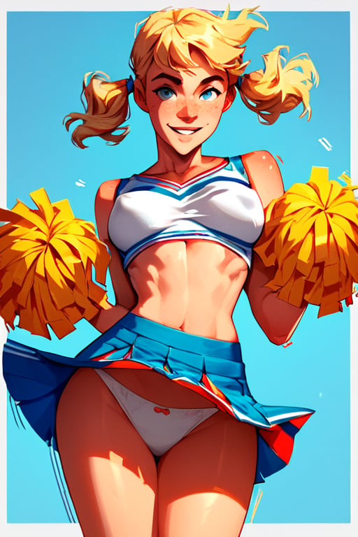 score_9, score_8_up, score_7_up, score_6_up, score_9, score_8_up, score_7_up, score_6_up, BREAK,facing viewer, narrow waist, arched back, puffy nipples, medium breasts,cheerleader, blonde hair, freckles, miniskirt, crop top, motion lines, wind lift, white panties, smile, parted lips, skirt, short twintails, blue eyes, wavy hair, white bra,<lora:xl_more_art-full_v1:0.65>,<lora:Stylized_Geometry_Patterns:1>,