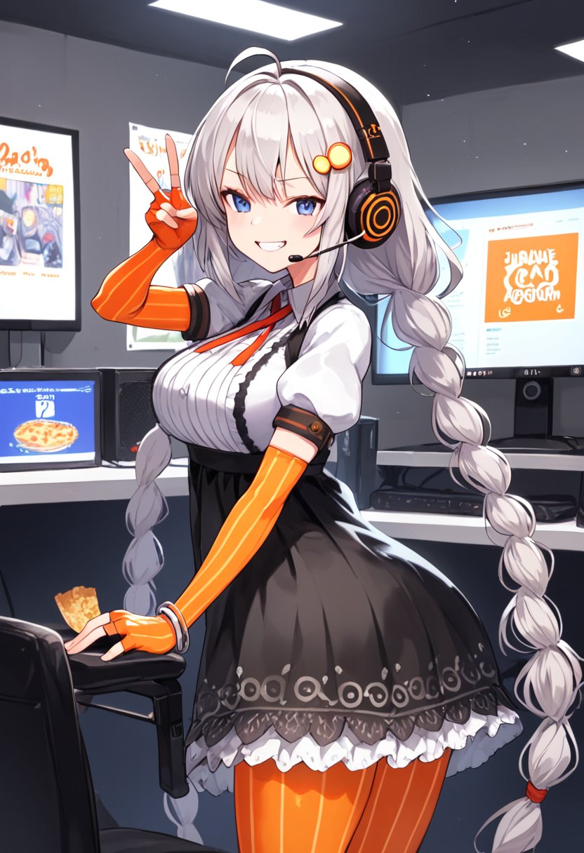 score_9, score_8_up, score_7_up,  <lora:KizunaAkari_MMD_Pony_V1:0.95>blue eyes, grey hair,  ahoge, twin braids, braid, very long hair, hair ornament, hair tubes, headphones, headset, black dress,  lace-trimmed dress, short sleeves, puffy sleeves, orange gloves, striped gloves, elbow gloves, fingerless gloves, bracelet, orange pantyhose, striped pantyhose, star print, star (symbol), vertical stripes, from front,, looking back,, Face,,Streamer room, gaming chair, gaming PC, game equipment, controller, TV monitor, PC monitor, headphones, headset, anime poster, game poster,foods, Holding food ,hamburgers, pizza, french fries, junk food,smile,cowboy shot ,huge brests,smug, smirk, blush,peace sign, 