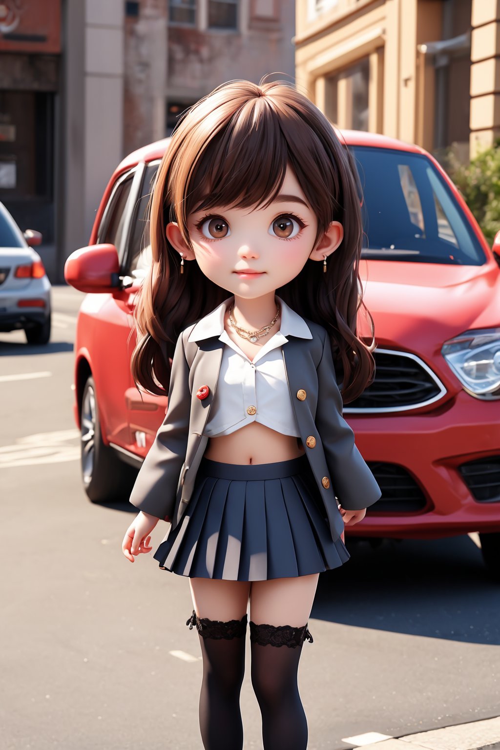 1girl, breasts, skirt, underwear, necklace, looking at viewer, navel, shirt, bracelet, cleavage, solo, long hair, pleated skirt, outdoors, cowboy shot, car, skirt, sleeves rolled up, midriff, collar, road, miniskirt, motor vehicle, collarbone, collared shirt, thighhighs, street, standing, chain, buttons, watch, bow, buttoned, single thighhigh, day, lace trim, wristwatch, jacket,