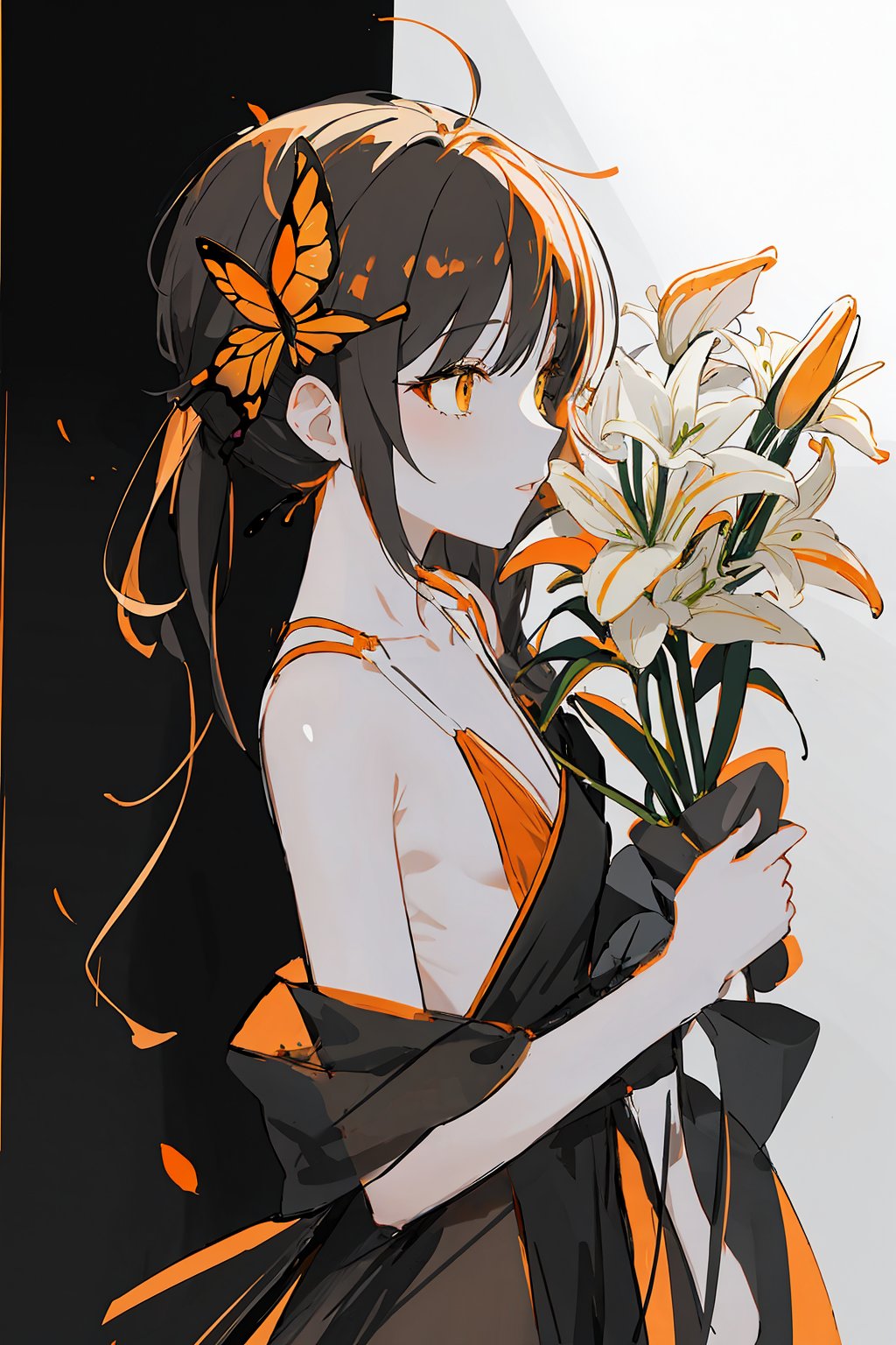 butterfly hair ornament,flat chest,(ambiguous gender:1.2),plain clothes,holding a bouquet of lilies,(from side:0.7) (sketch:1.3),charcoal drawing,rough drawing,selective color monochrome((White, Yellow, Orange)),partial coloring,golden edge,