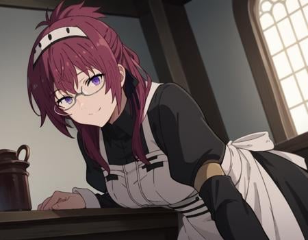 score_9, score_8_up, score_7_up, source_anime,lilyagreyrat, <lora:lilya-greyrat-s1-ponyxl-lora-nochekaiser:1>,lilya greyrat, purple eyes, red hair, glasses,long sleeves, dress, pantyhose, apron, maid, maid headdress, maid apron,indoors, smile, bent over,looking at viewer, dutch angle, cowboy shot,