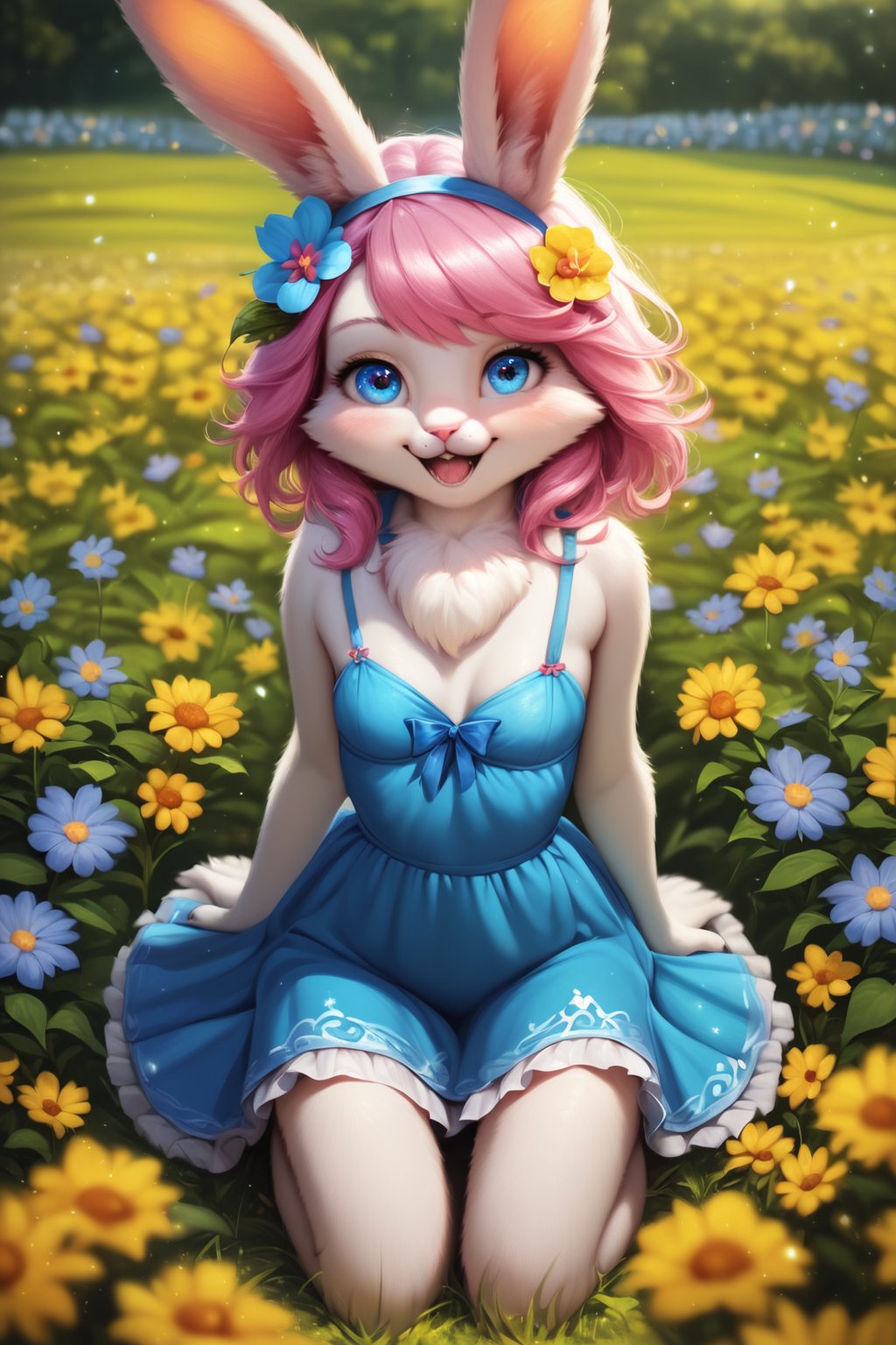 <lora:Furry_Novel_AI_Pony:1>,furry,anthro,novel ai,realistic fur,realistic detail,best quality,very aesthetic,good anatomy,uncensored,score_10,score_9,score_8_up,clear,1girl,bunny,pure white fur,pink hair,blue eyes,small breasts,slim,sundress,flower field,kneeling,holing flowers,flower in hair,cute smile,hyper_galaxy,fantasy,kind_smile,