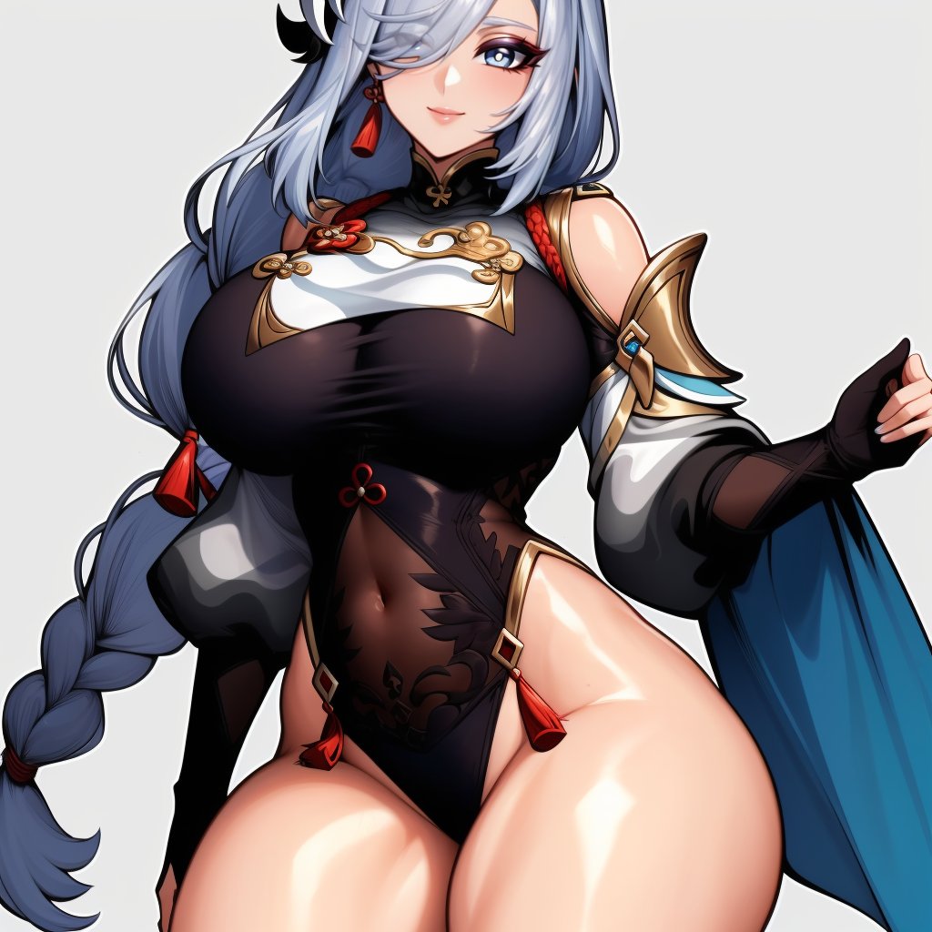 (masterpiece, best quality:1.3), JUGGERTUUL, 1girl, solo, looking at viewer, wide hips, mature female, simple background, closed mouth, seductive smile, large breasts, cowboy shot, thick thighs,  <lora:JUGGERTUUL Style Lora:1>, shenhe \(genshin impact\), grey hair, long hair, hair ornament, hair over one eye, blue eyes, earrings, braided ponytail, puffy sleeves, gold trim, gloves, bodysuit, breast curtain, shoulder cutout, covered navel, hip vent, clothing cutout, tassel  <lora:shenhe:.8>