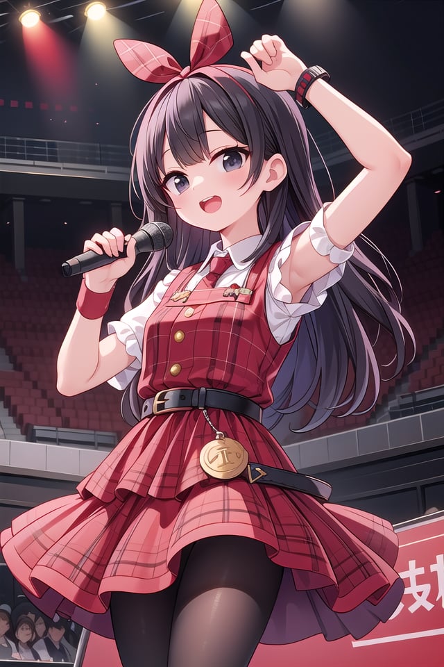 insanely detailed, absurdres, ultra-highres, ultra-detailed, best quality,1girl, solo, nice hands, perfect handsBREAK(Enchant:1.4), (red theme:1.5), ((red plaid pattern, tone on tone):1.4), (idol uniform:1.2), (fusion of sleeveless (red plaid pattern) vest and red sundress:1.4), (red tie:1.4), ((red plaid pattern) multi-layered skirt with ruffles:1.3), ((red:1.3) platform HIGH boots:1.1), (red plaid pattern ribbon on head:1.3)BREAK(short sleeve white collared-shirt dress layering:1.2), (black pantyhose:1.2), (belt:1.3), (wristband:1.3), (naked skin:-1), (black vest:-1), (white vest:-1), (black skirt:-1), (white skirt:-1), (cleavage:-1.5)BREAKhappy smile, laugh, open mouth, (standing, singing, dancing, holding microphone:1.4),45 angle,seductive pose, cowboy shotBREAKslender, kawaii, perfect symmetrical face, ultra cute girl, ultra cute face, ultra detailed eyes, ultra detailed hair, ultra cute, ultra beautifulBREAKindoors, concert hall, idol live, crowded audienceBREAKmedium large breasts,(black hair, black eyes), hime cut