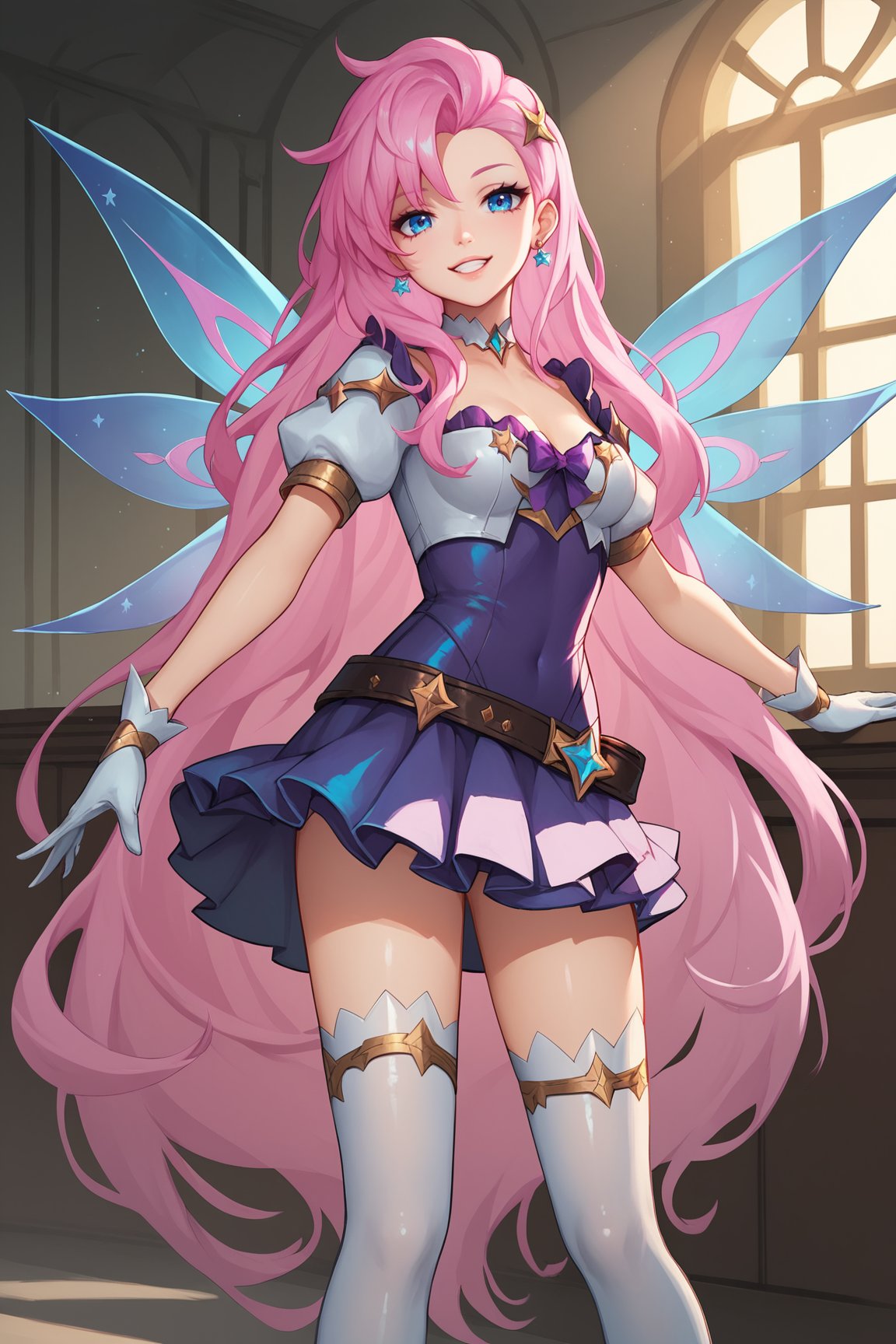 score_9, score_8_up, score_7_up, score_6_up, score_5_up, score_4_up, SeraphineLoLXL, blue eyes, pink hair, bangs, hair ornament, very long hair, shiny hair, star (symbol), earrings, medium breasts, chocker, white jacket, puffy short sleeves, purple dress, wings, white gloves, skirt, belt, white thighhighs, standing, dynamic pose, seductive smile, looking at viewer, indoors <lora:SeraphineLoLXL:0.7>